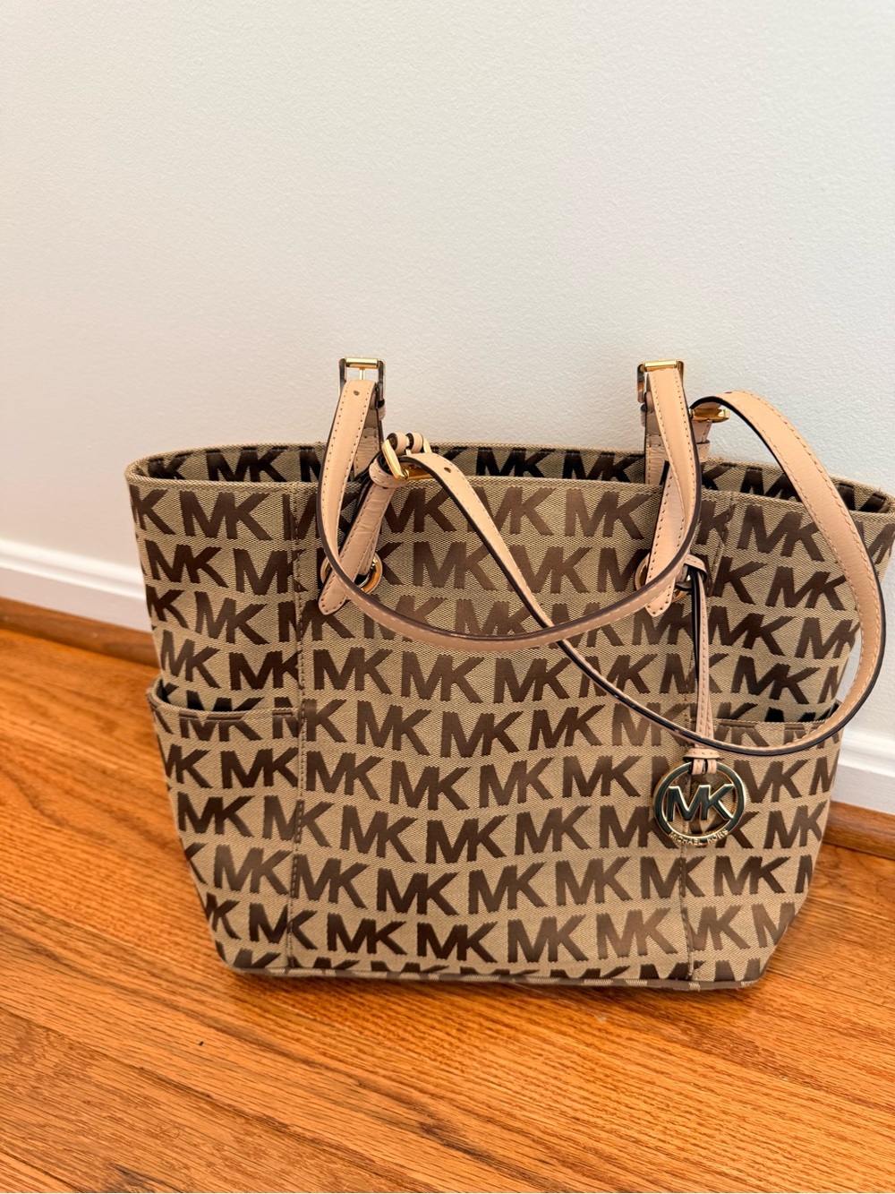 Michael Kors Brown MK Logo Canvas Tote with Pale Tan Leather Trim